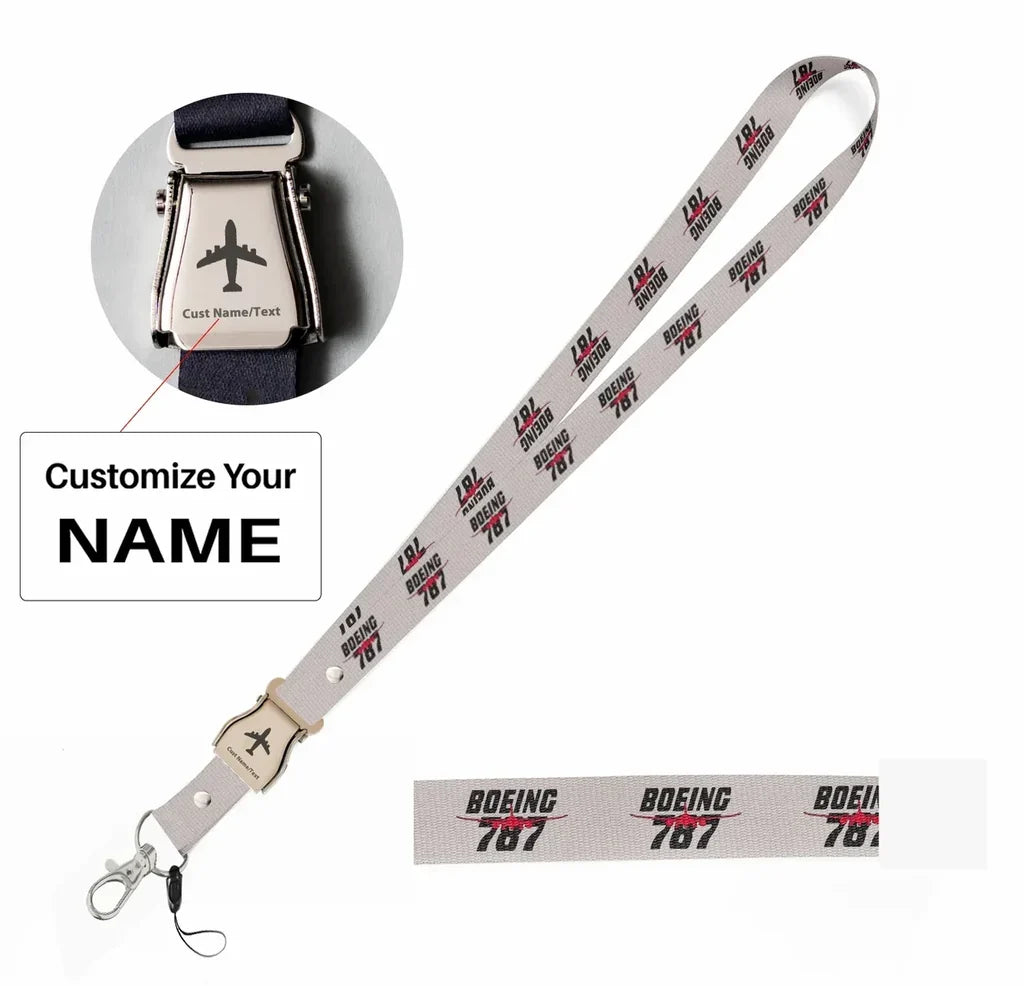 Amazing Boeing 787 seat belt lanyard - light gray with name