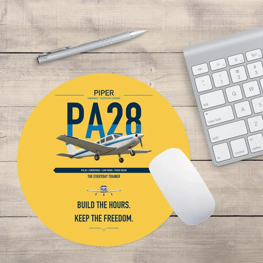 Piper PA-28 Cherokee design on yellow round mouse pad