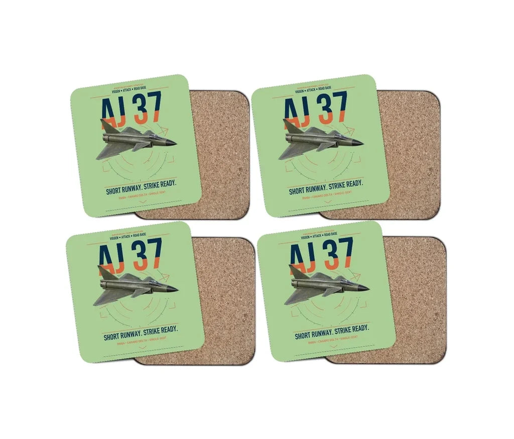 Saab AJ 37 Viggen design on light green 4 pieces set coaster
