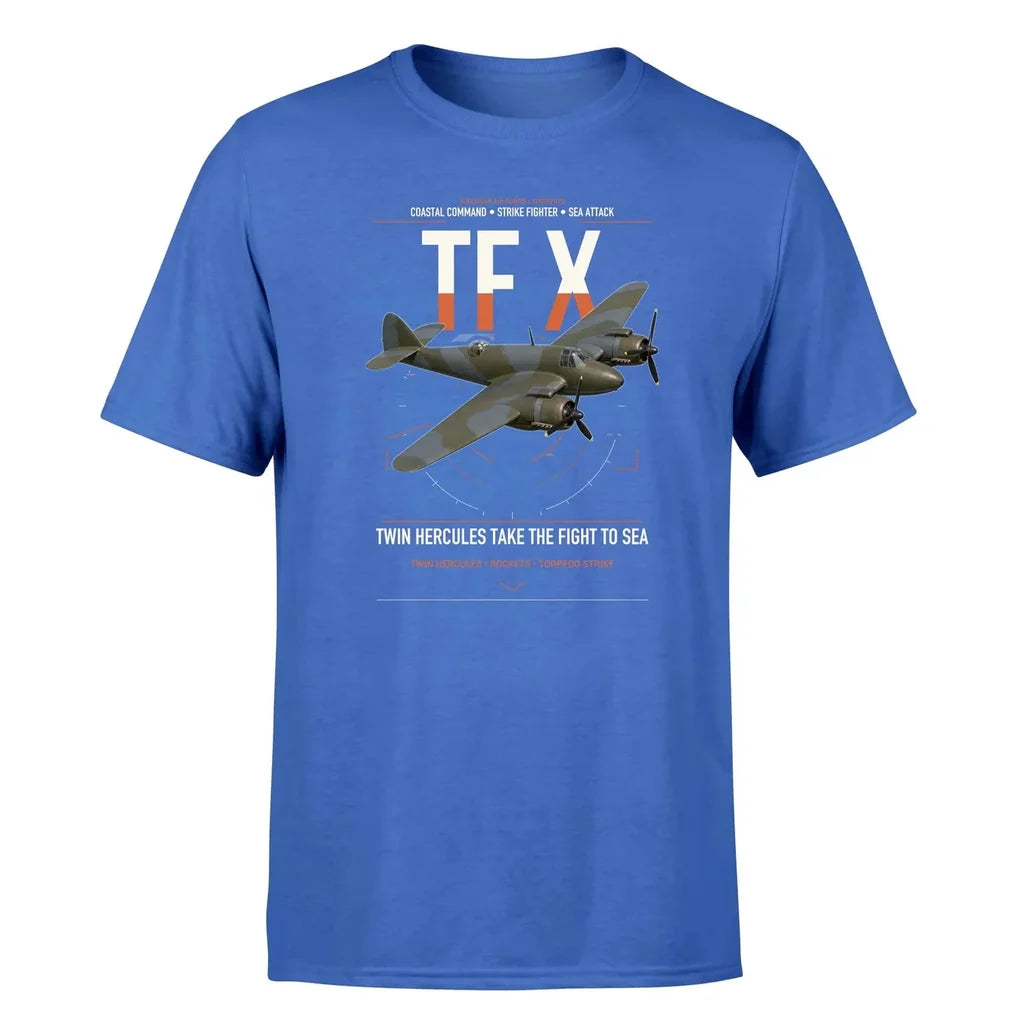 Bristol Beaufighter TF X design on blue t-shirt, single-side print