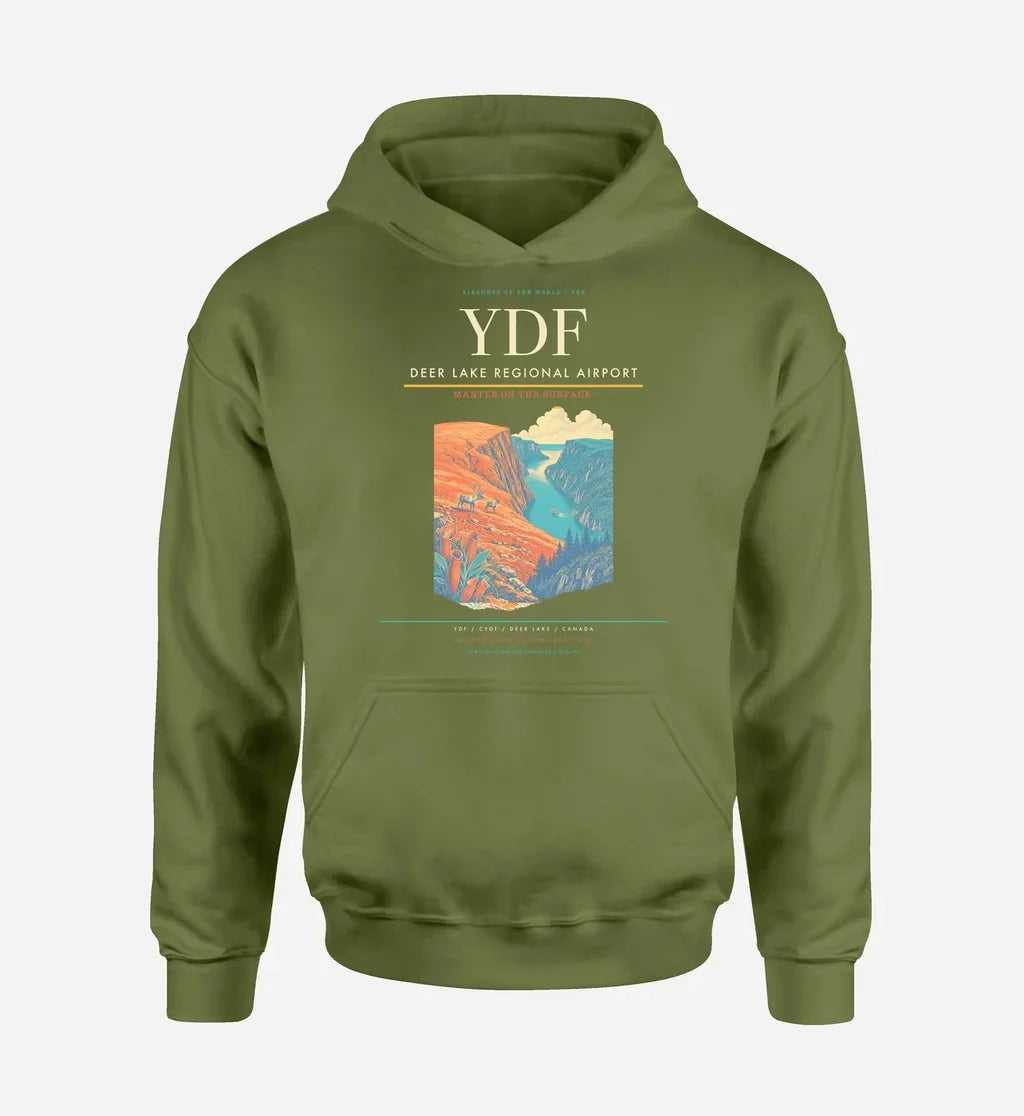 Deer Lake Regional Airport (YDF) design on green army hoodie single-side print