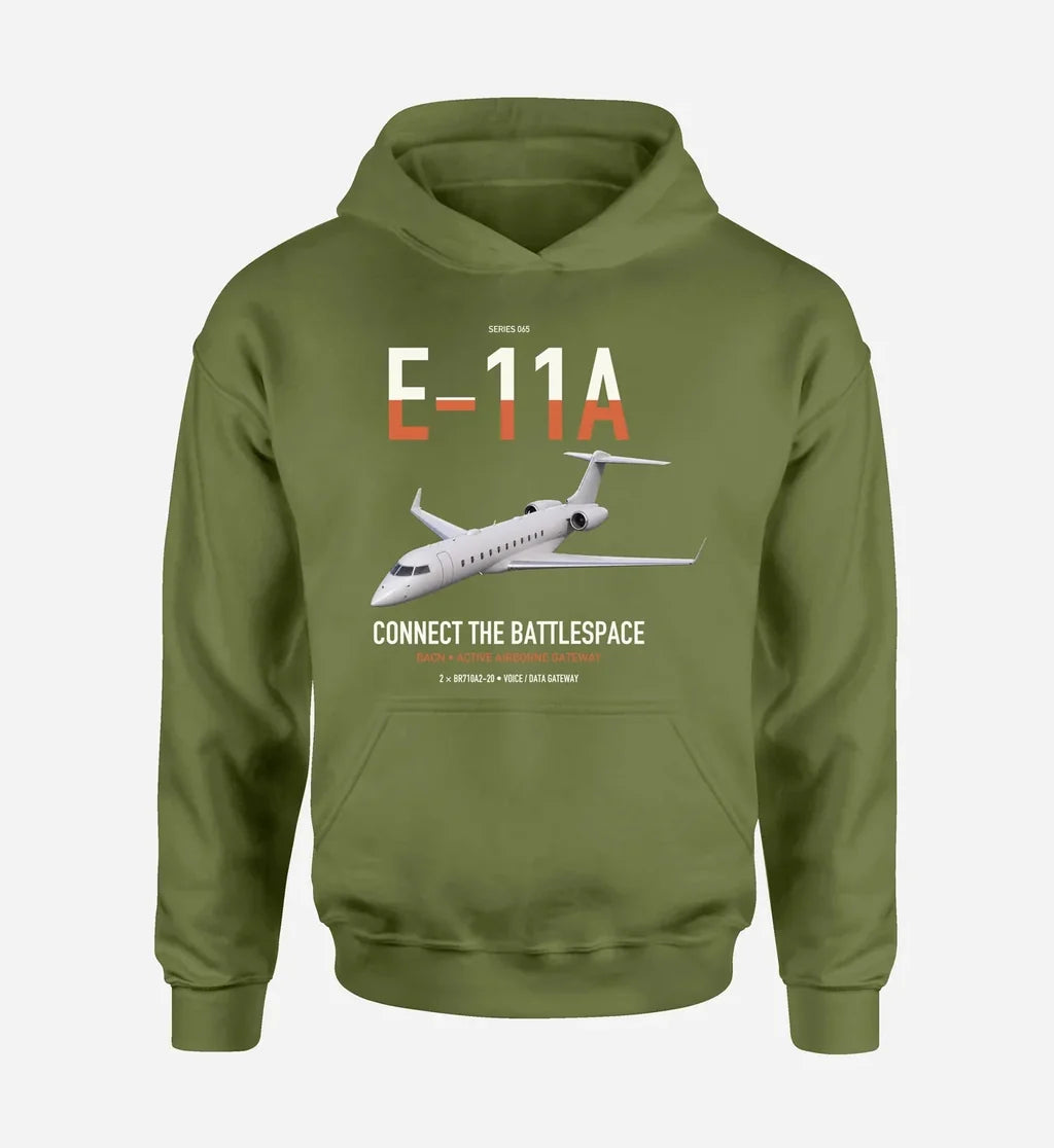 E-11A BACN design on green army double-side hoodie, single-side print