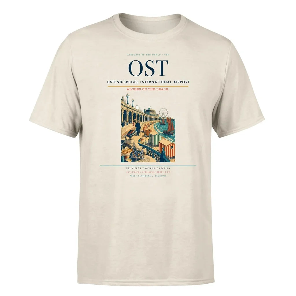 Ostend-Bruges International Airport (OST) T-Shirt single-side front print in Beige | ostend-bruges-international-airport-ost-double-side-t-shirt