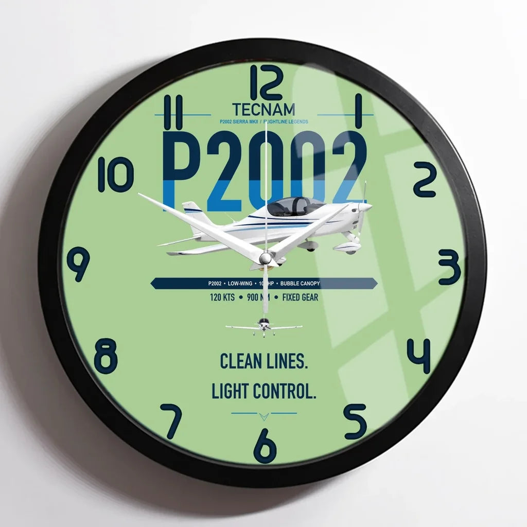 Tecnam P2002 Sierra MkII design on light green framed wall clock