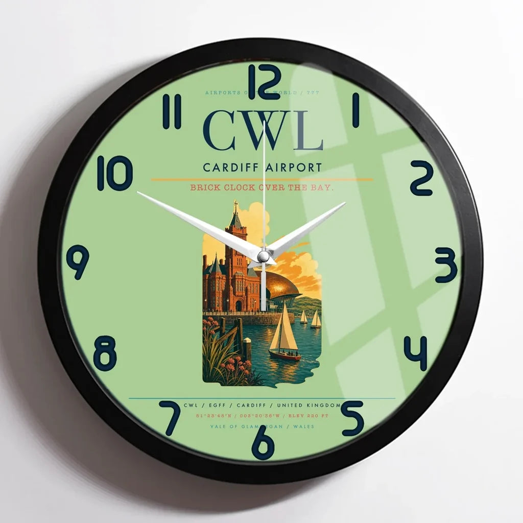 Cardiff Airport (CWL) design on light green framed wall clock