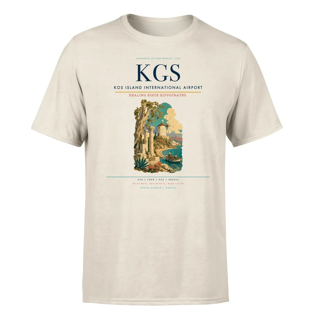 Kos Island International Airport (KGS) T-Shirt single-side front print in Beige | kos-island-international-airport-kgs-double-side-t-shirt