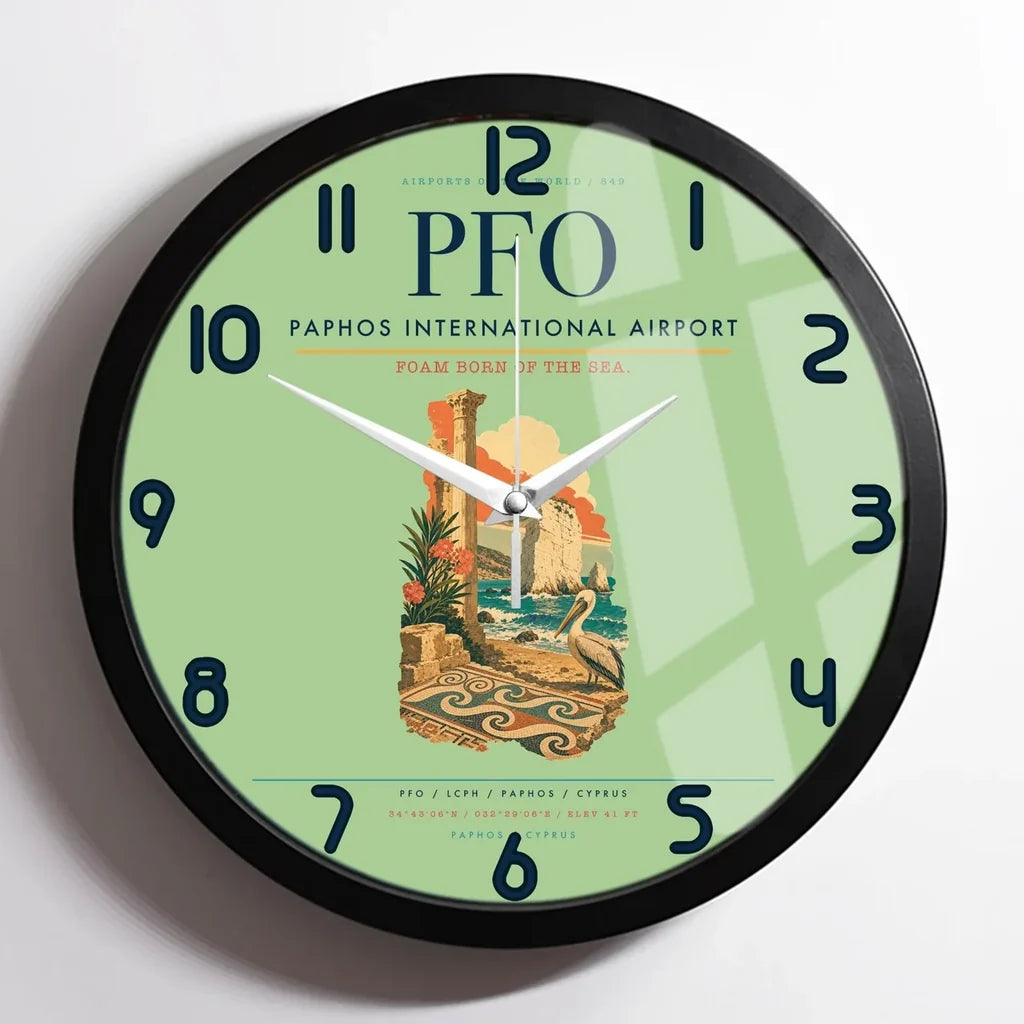 Paphos International Airport (PFO) design on light green framed wall clock