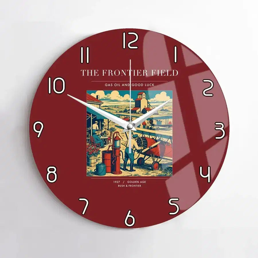 VINTAGE G4034 - The Frontier Field - Designed Wall Clocks design on darkred no-frame