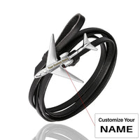 Thumbnail for Side view of (Edition 3) - Special Leather Rope Airplane Bracelets Silver (Adjustable) aviation bracelet in polished metal, p.
