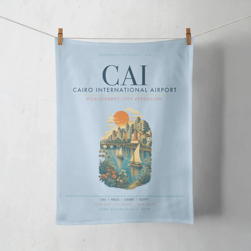 Cairo International Airport (CAI) design on light blue towel