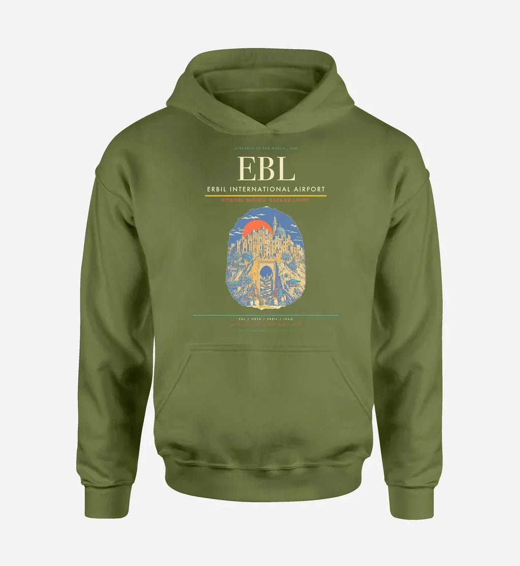 Erbil International Airport (EBL) design on green army hoodie single-side print