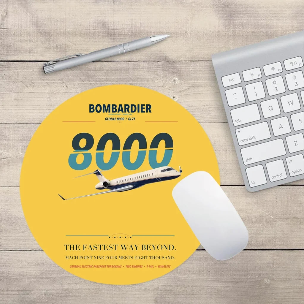 Bombardier Global 8000 design on yellow round mouse pad