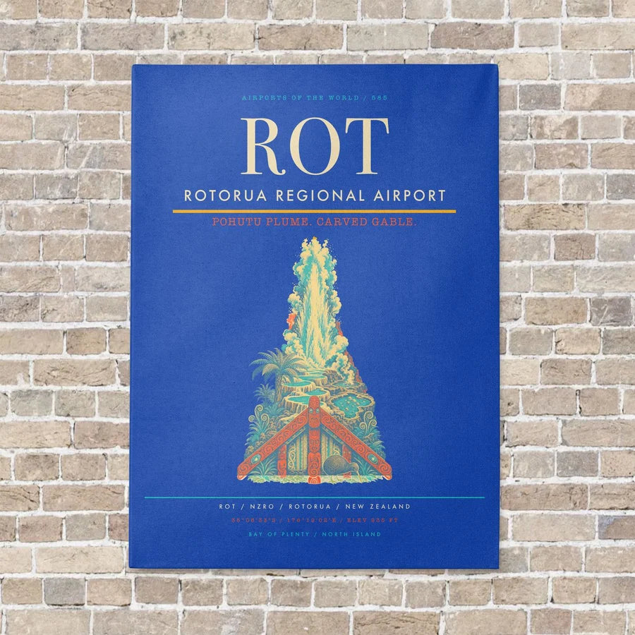 Rotorua Regional Airport ROT vertical canvas print - no frame - blue background