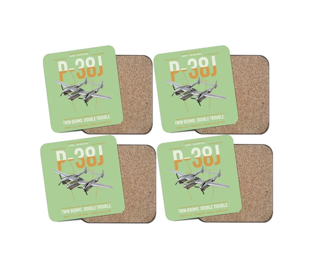 P-38J Lightning design on light green 4 pieces set coaster