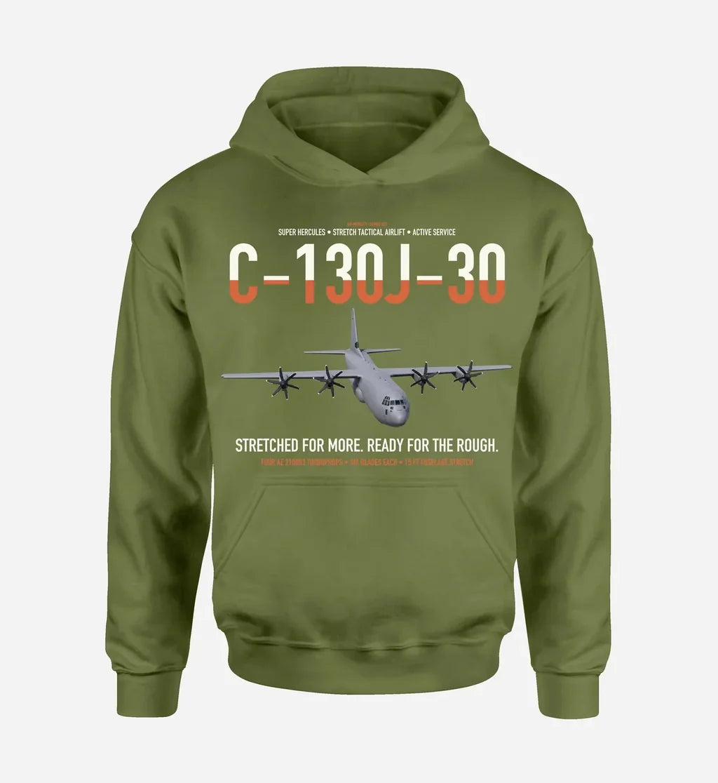 C-130J-30 Super Hercules design on green army double-side hoodie, single-side print
