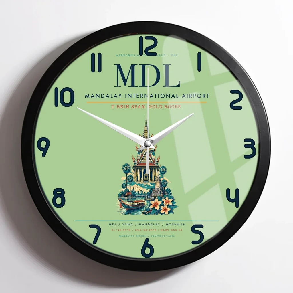 Mandalay International Airport (MDL) design on light green framed wall clock