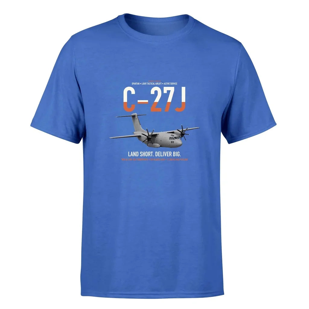 C-27J Spartan design on blue double-side t-shirt, single-side print