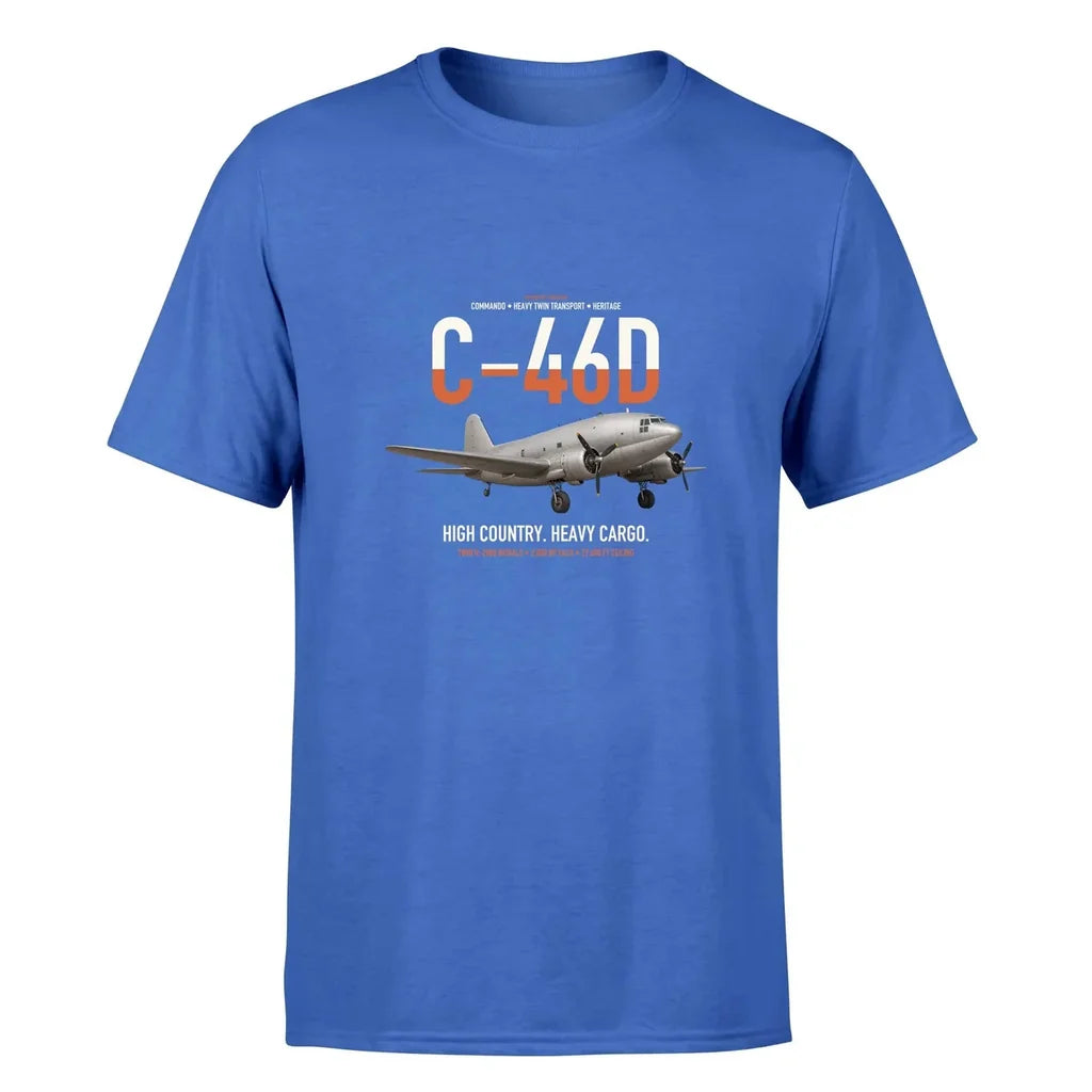 C-46D Commando design on blue double-side t-shirt, single-side print