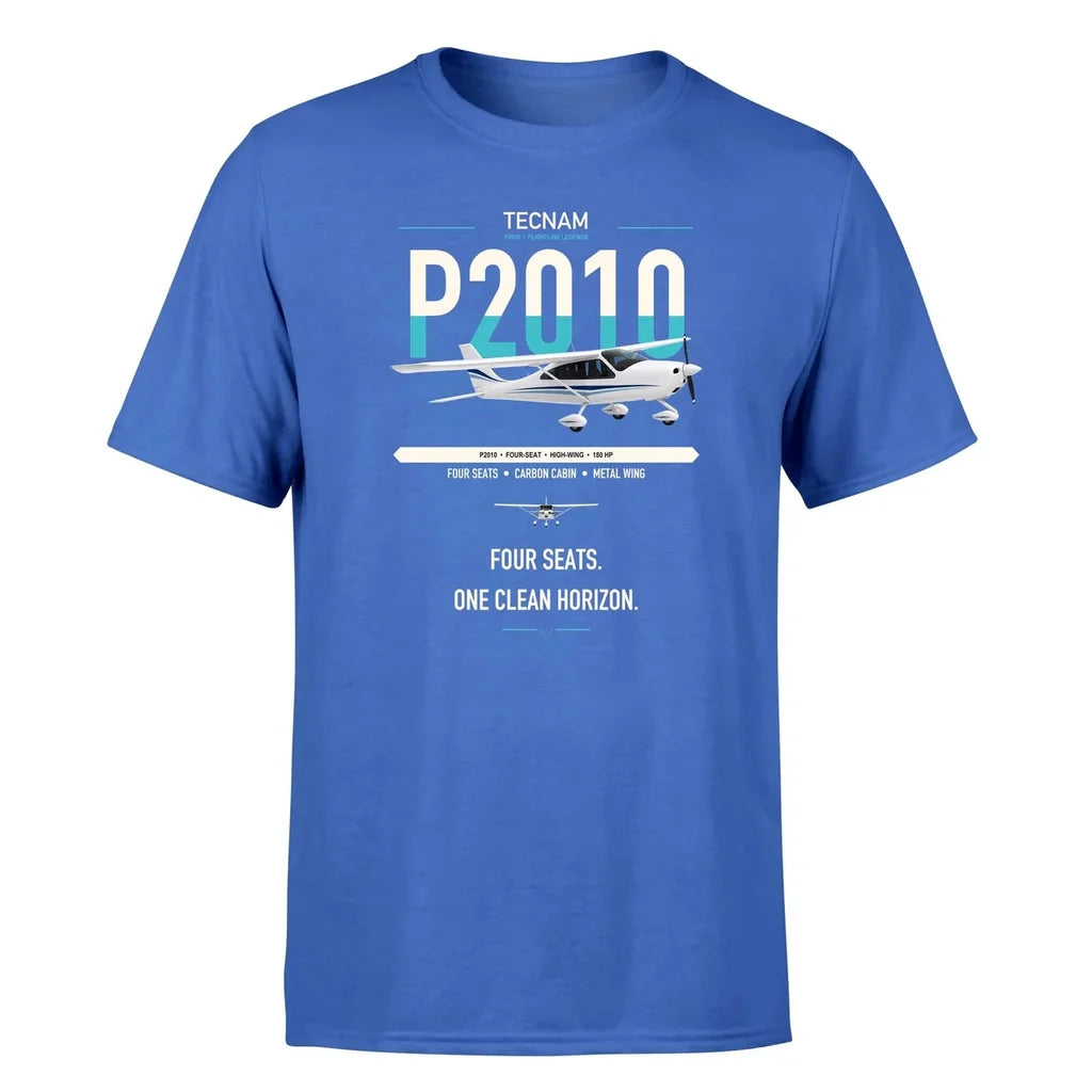 Tecnam P2010 design on blue t-shirt, single-side print