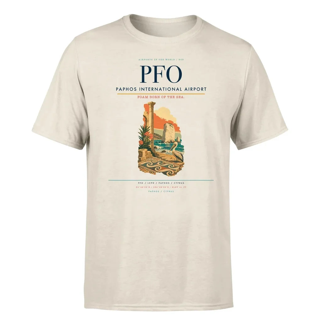 Paphos International Airport (PFO) T-Shirt single-side front print in Beige | paphos-international-airport-pfo-double-side-t-shirt