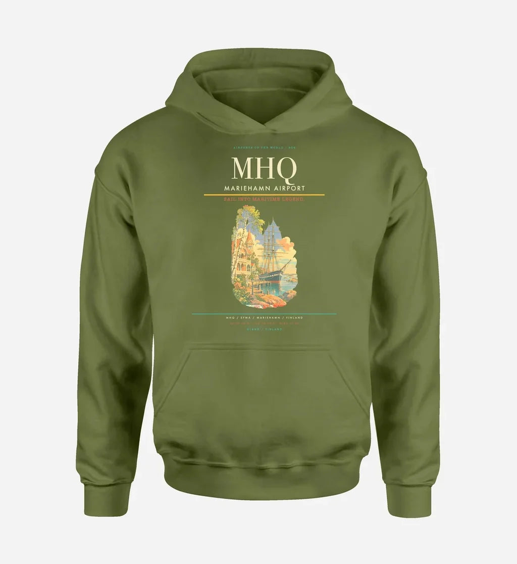 Mariehamn Airport (MHQ) design on green army hoodie single-side print