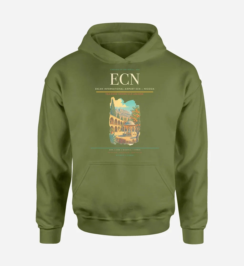Ercan International Airport (ECN) design on green army hoodie single-side print