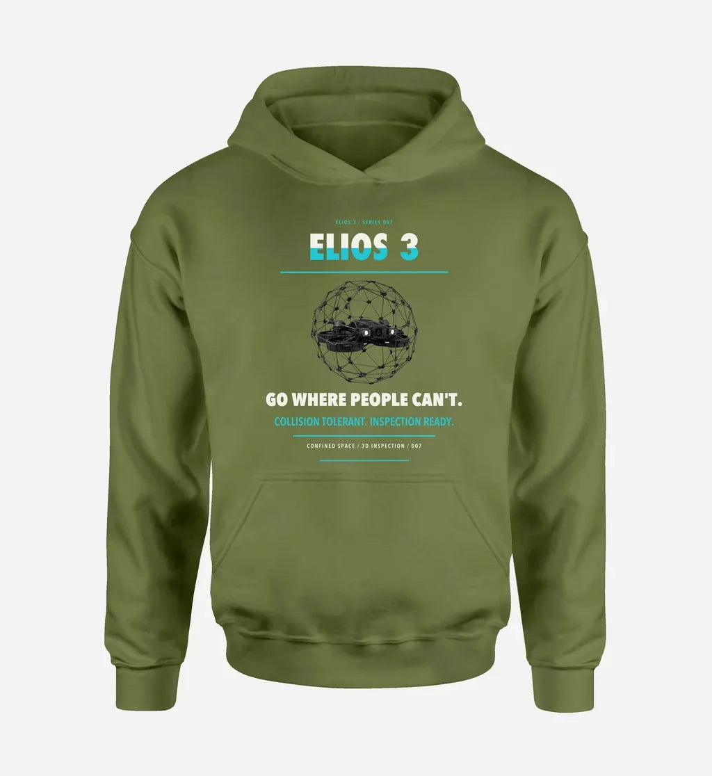 Flyability Elios 3 design on green army hoodie single side