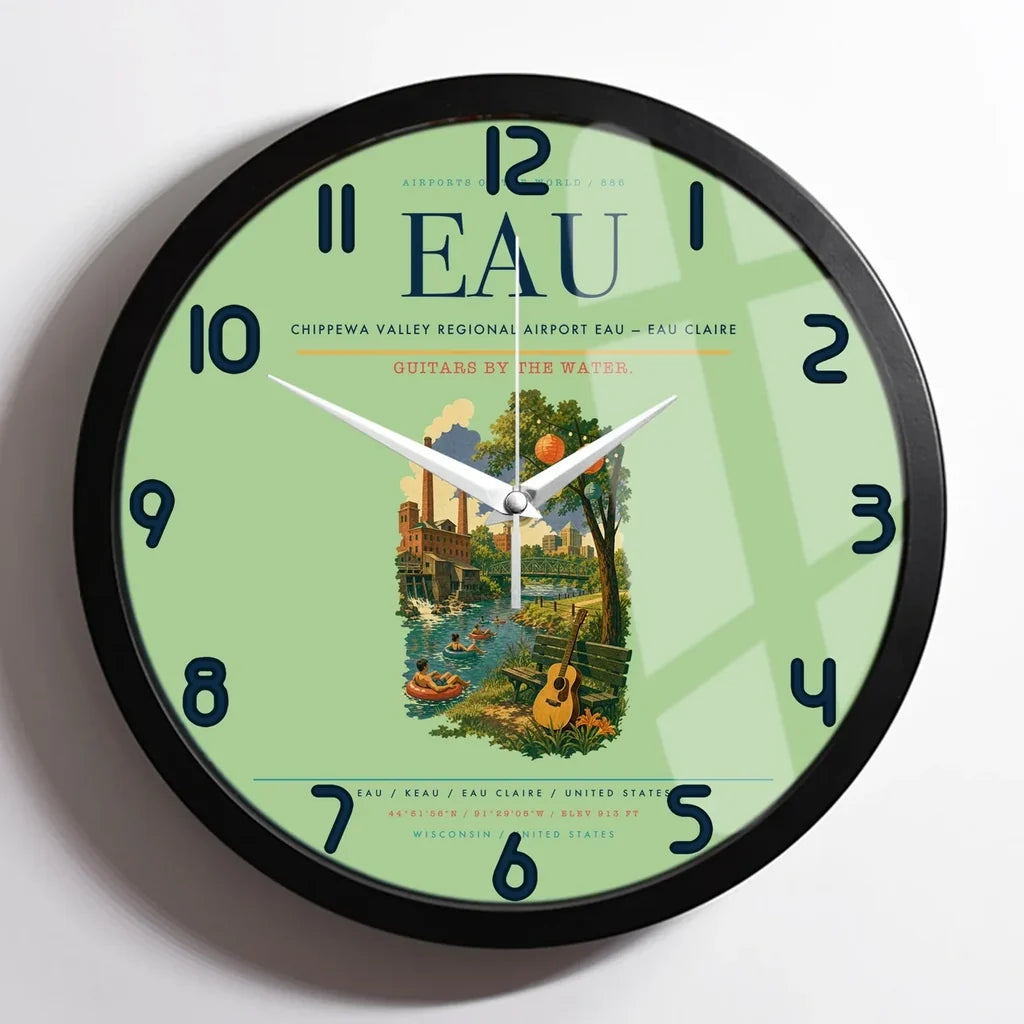 Chippewa Valley Regional Airport (EAU) design on light green framed wall clock