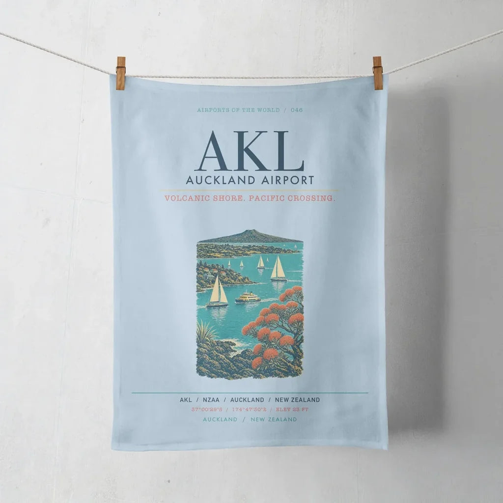 Auckland Airport (AKL) design on light blue towel