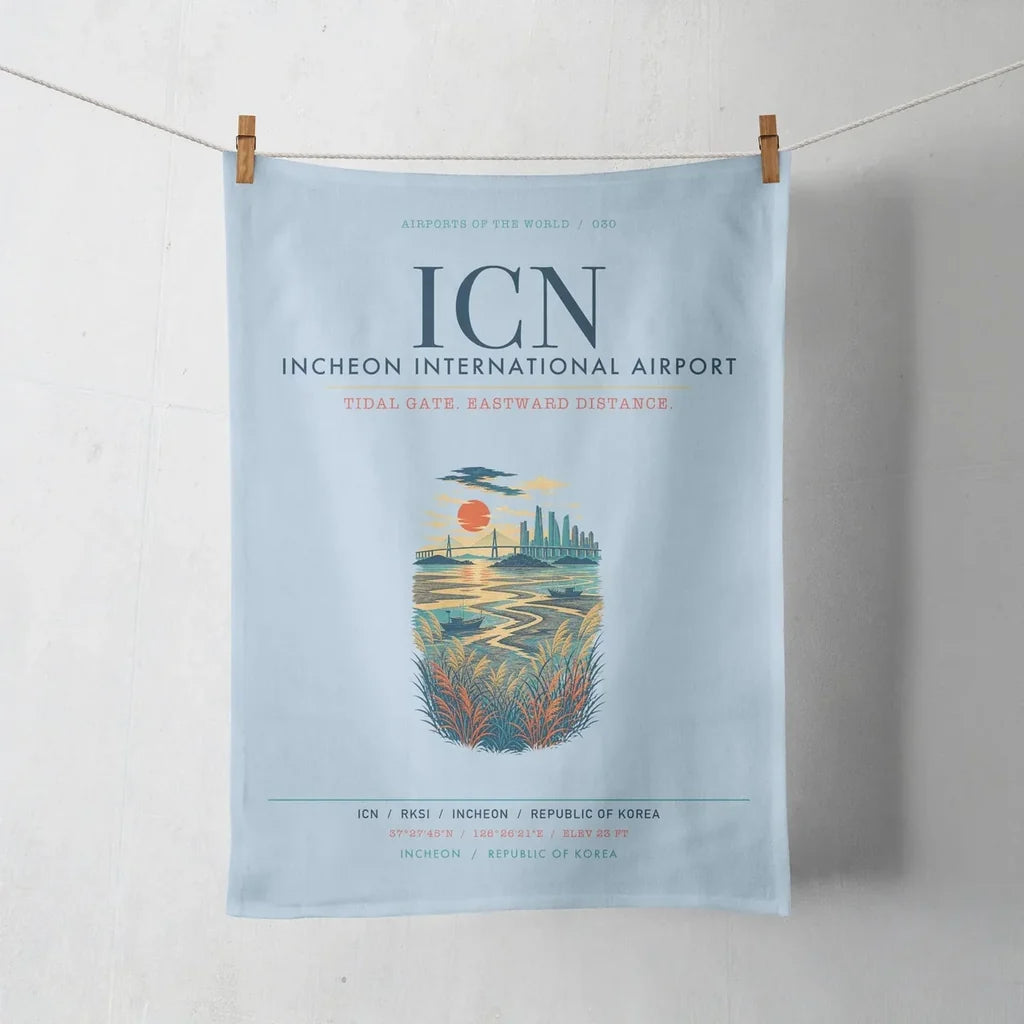 Incheon International Airport (ICN) design on light blue towel