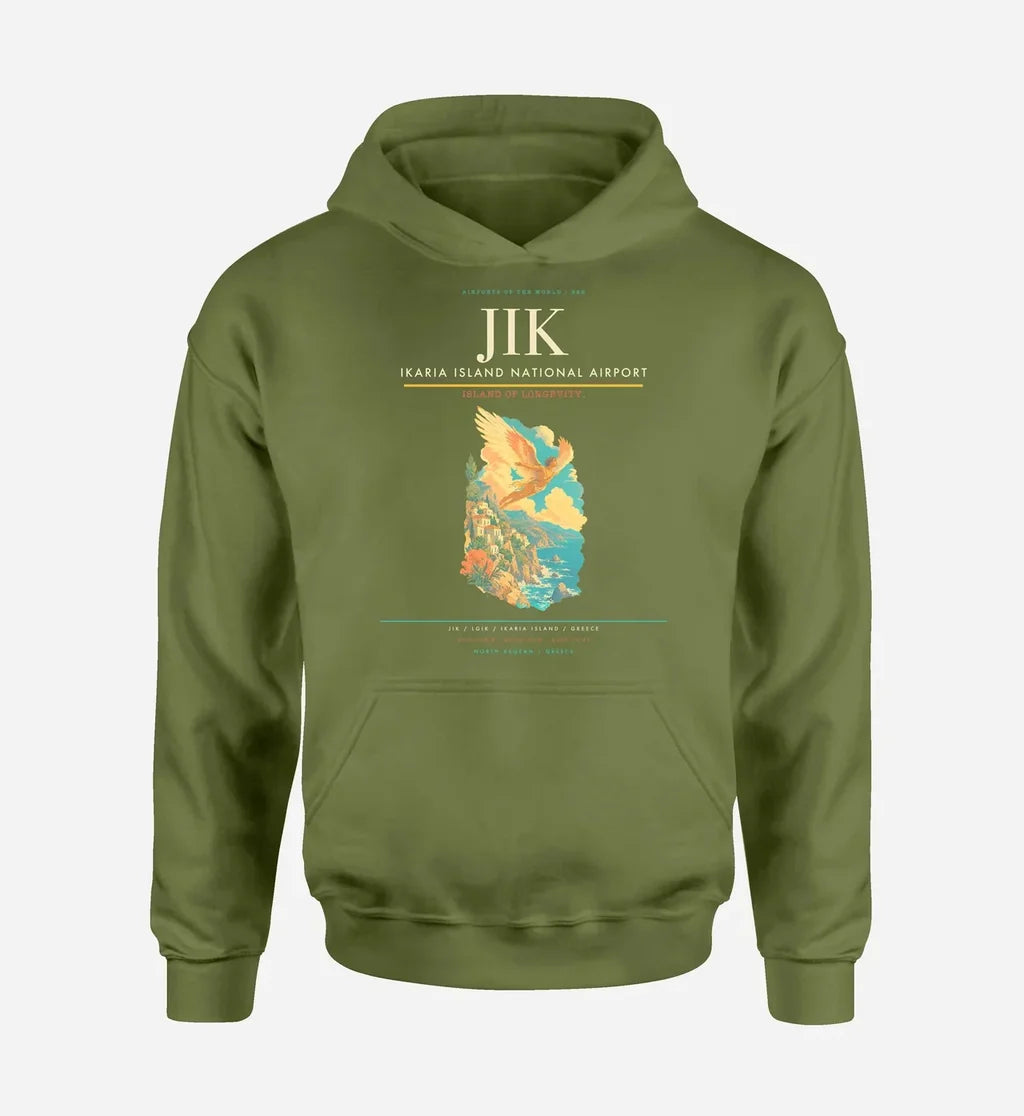 Ikaria Island National Airport (JIK) design on green army hoodie single-side print