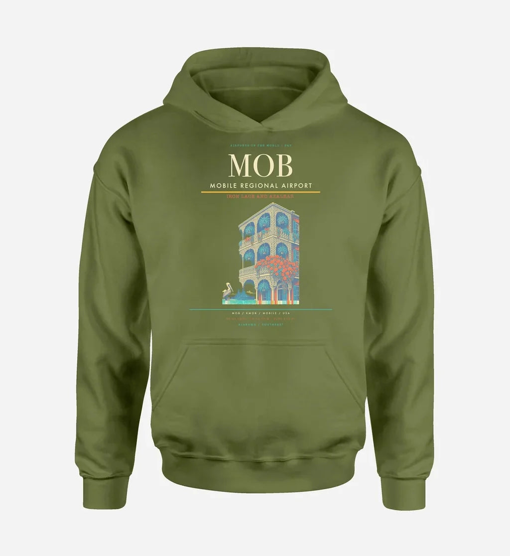 Mobile Regional Airport (MOB) design on green army hoodie single-side print