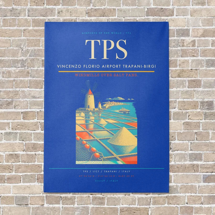 Vincenzo Florio Airport Trapani-Birgi TPS vertical canvas print - no frame - blue background