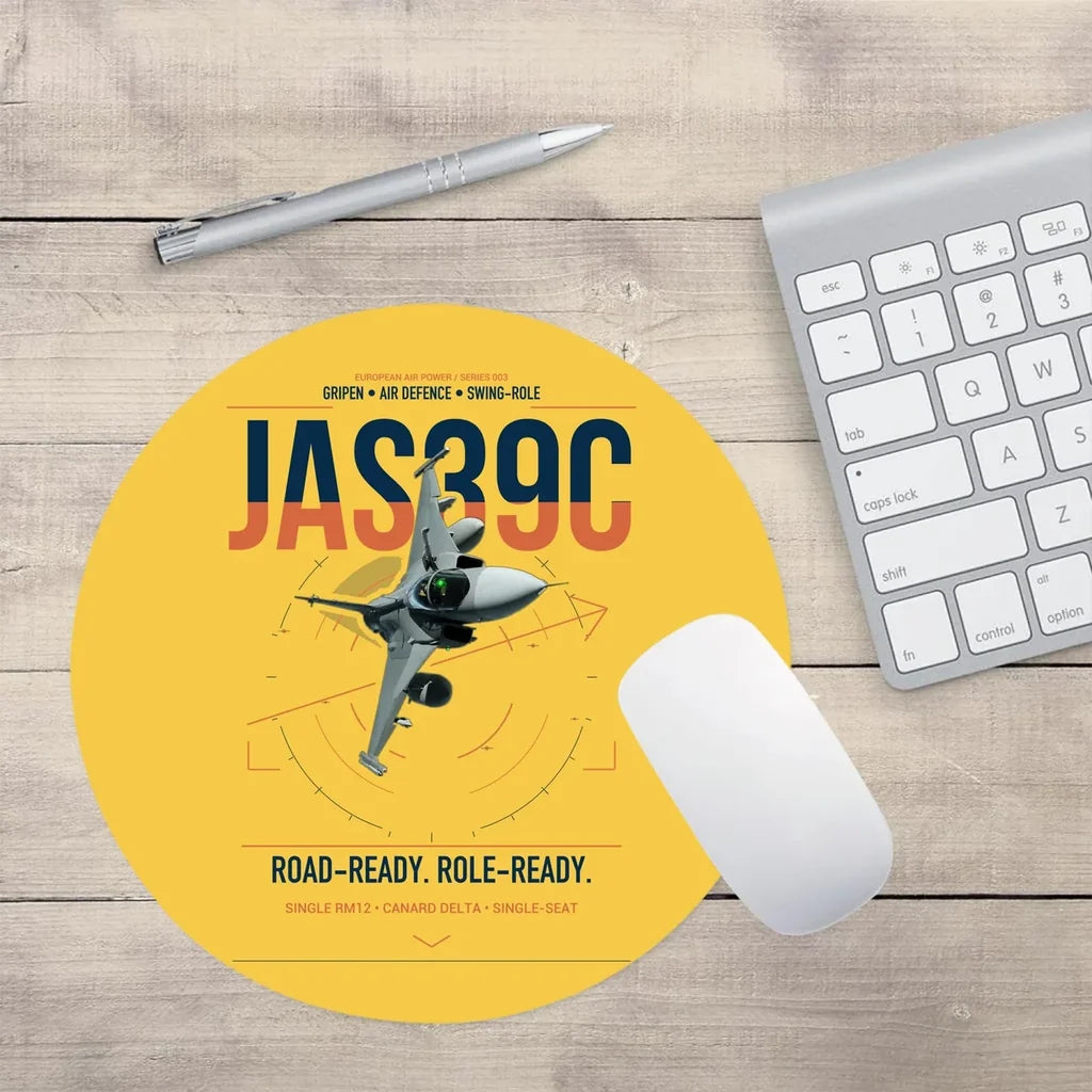 Saab JAS 39C Gripen design on yellow round mouse pad