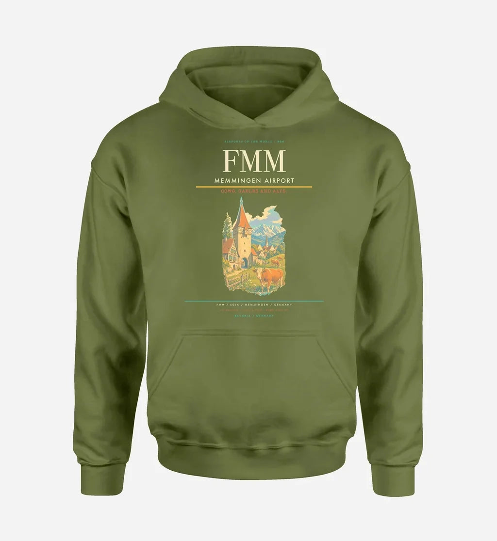 Memmingen Airport (FMM) design on green army hoodie single-side print