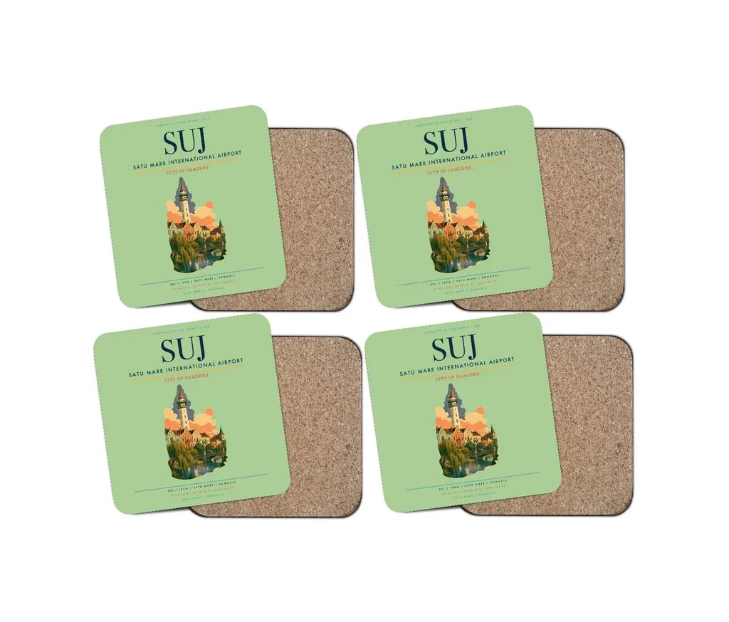 Satu Mare International Airport (SUJ) design on light green 4 pieces set coaster