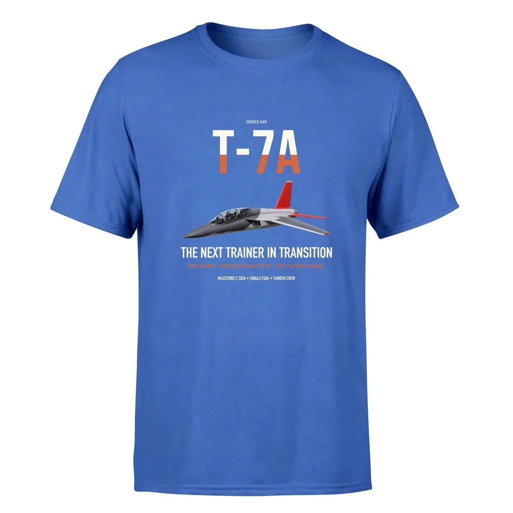 T-7A Red Hawk design on blue double-side t-shirt, single-side print