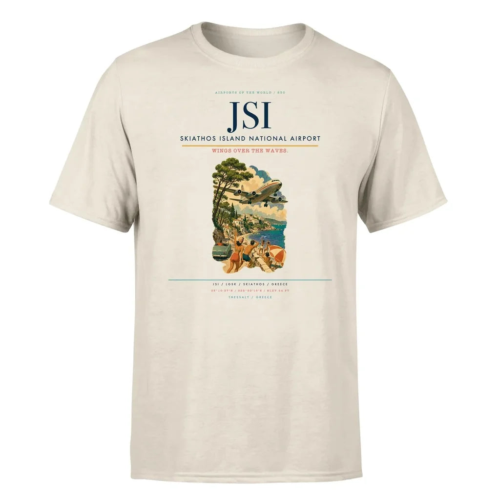 Skiathos Island National Airport (JSI) T-Shirt single-side front print in Beige | skiathos-island-national-airport-jsi-double-side-t-shirt