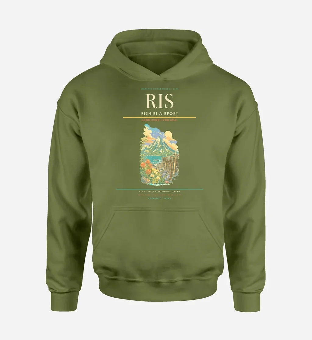 Rishiri Airport (RIS) design on green army hoodie single-side print