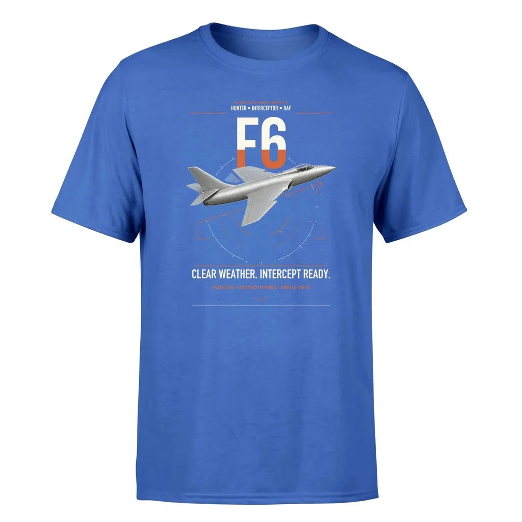 Hawker Hunter F6 design on blue t-shirt, single-side print