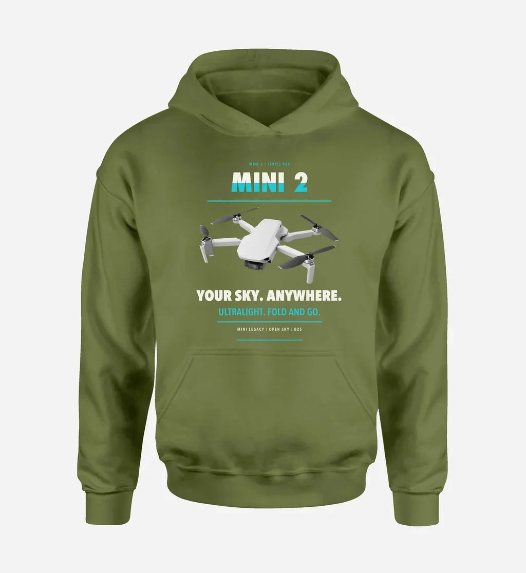 DJI Mini 2 design on green army hoodie single side