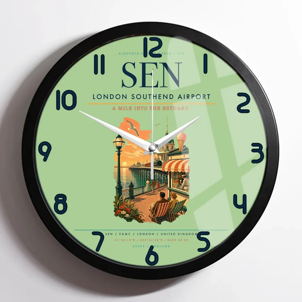 London Southend Airport (SEN) design on light green framed wall clock