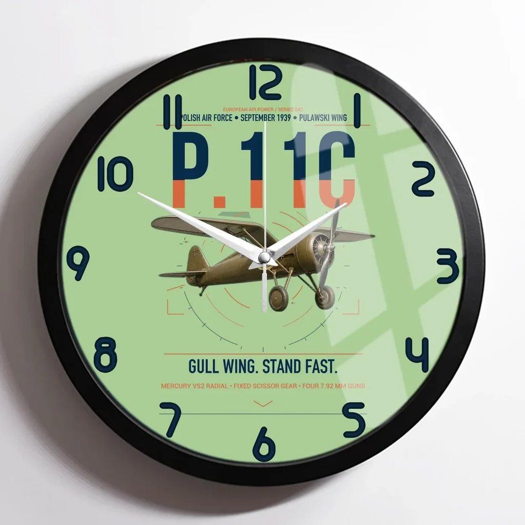 PZL P.11c design on light green framed wall clock