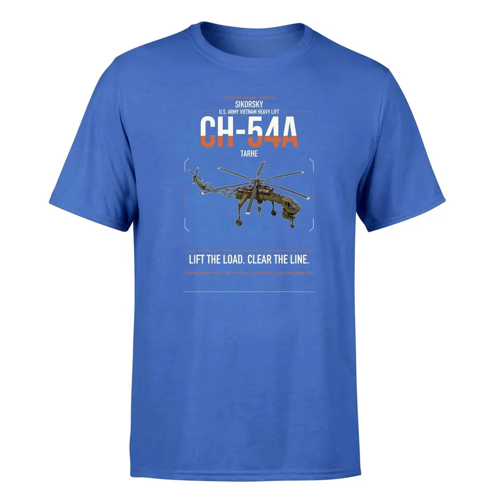 Sikorsky CH-54A Tarhe design on blue t-shirt, single-side print