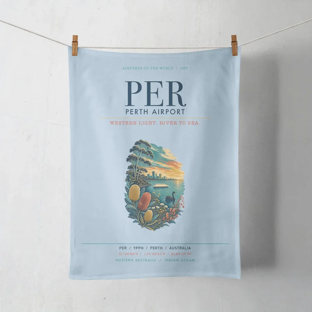 Perth Airport (PER) design on light blue towel