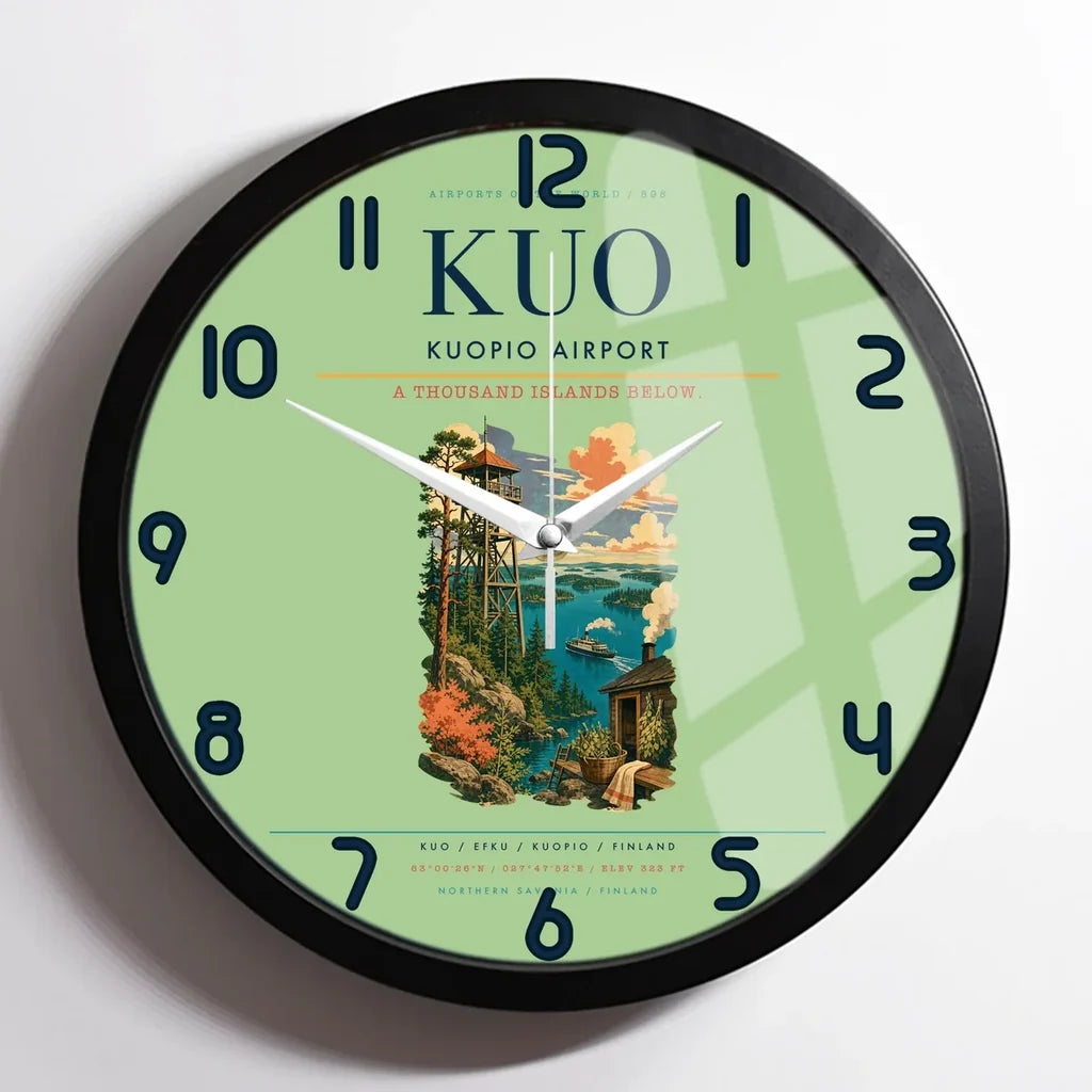 Kuopio Airport (KUO) design on light green framed wall clock