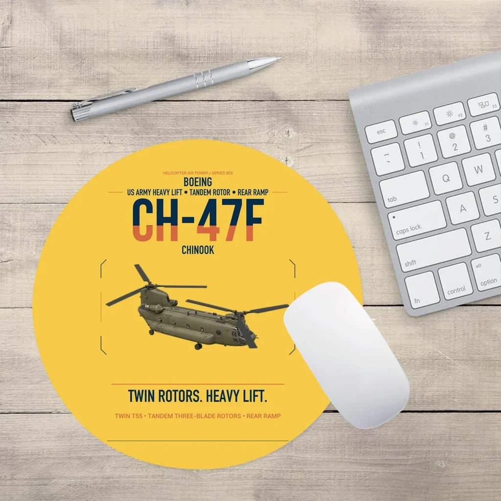 Boeing CH-47F Chinook design on yellow round mouse pad