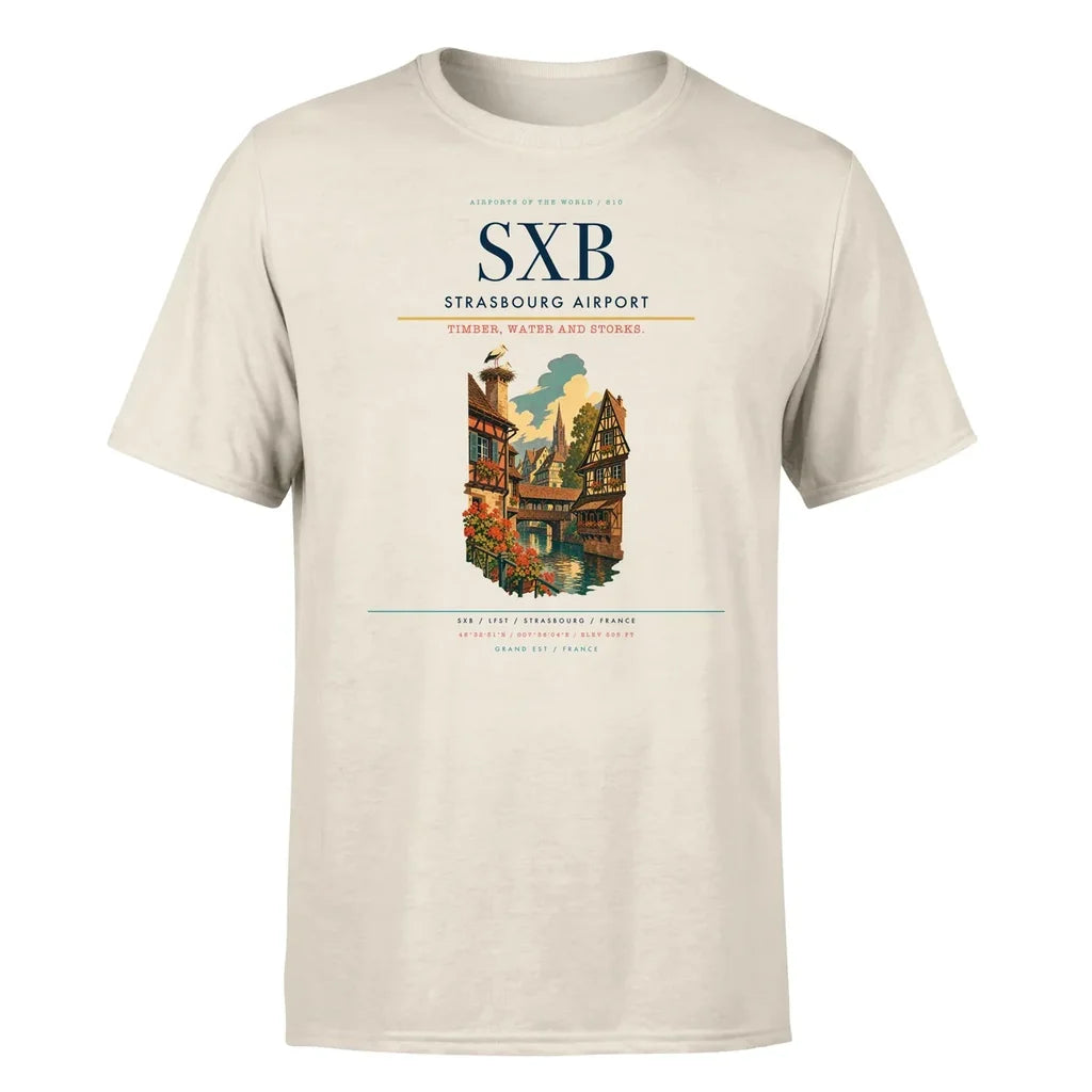 Strasbourg Airport (SXB) T-Shirt single-side front print in Beige | strasbourg-airport-sxb-double-side-t-shirt