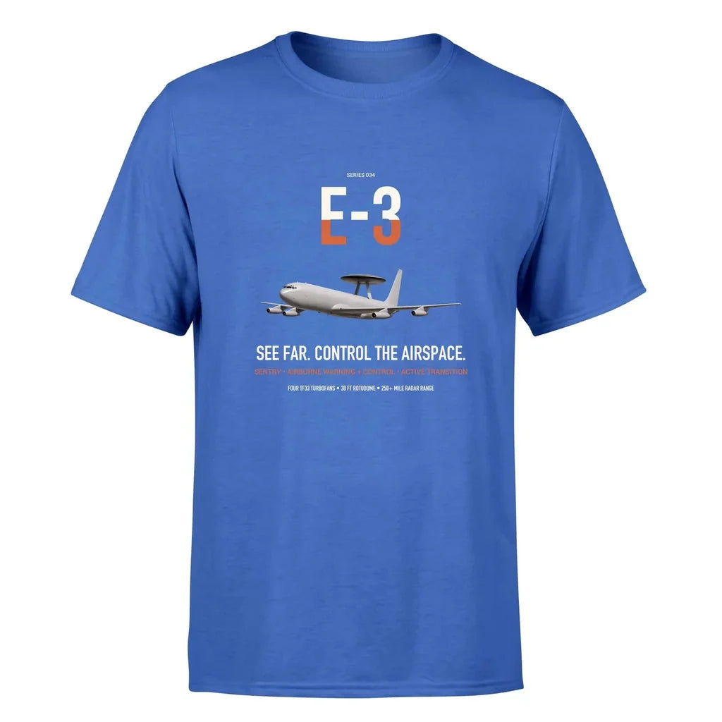 E-3 Sentry AWACS design on blue double-side t-shirt, single-side print