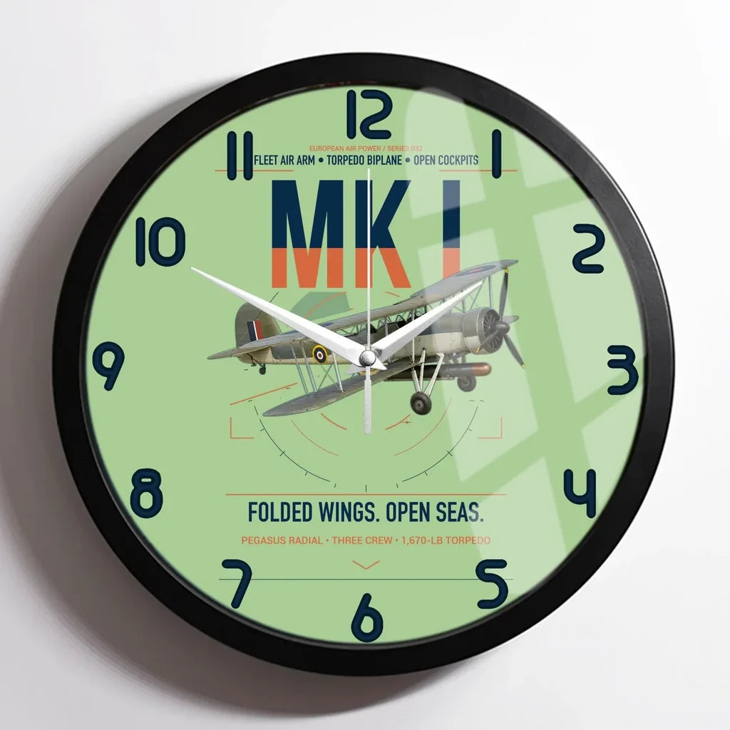 Fairey Swordfish Mk I design on light green framed wall clock